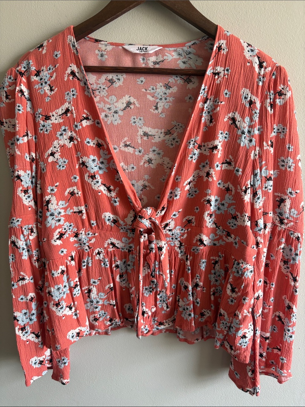 JACK by BB Dakota Floral Tie Front Peplum Top Bell Sleeve Boho Coral Pink Size M